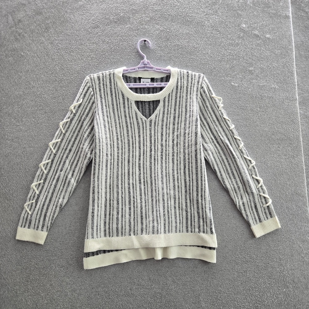 Rock & Republic Women Sweater XL Gray Cotton Nylon Striped Lace Up Long Sleeve